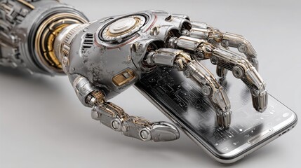 Robot hand holding smartphone representing ai-driven mobile technology and advanced communication capabilities