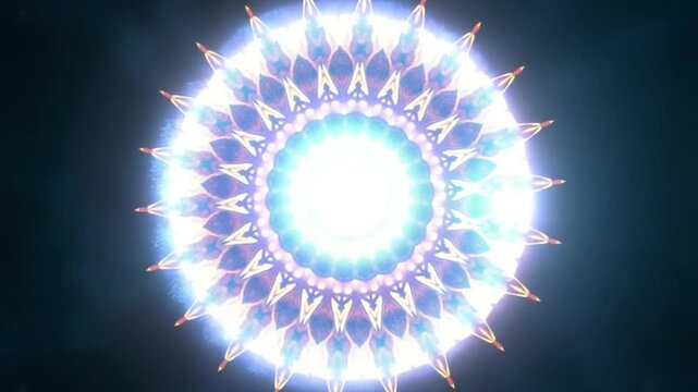 Solar mandala with waving radial yellow rays and bright blue shine effect on a dark background. Abstract animation of hypnotic circle pattern with elegant motion of magic energy waves. 4K 60fps
