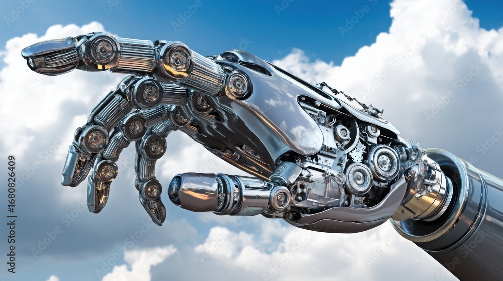 Poster robot hand pressing cloud upload icon representing ai-driven solutions and advanced data handling te