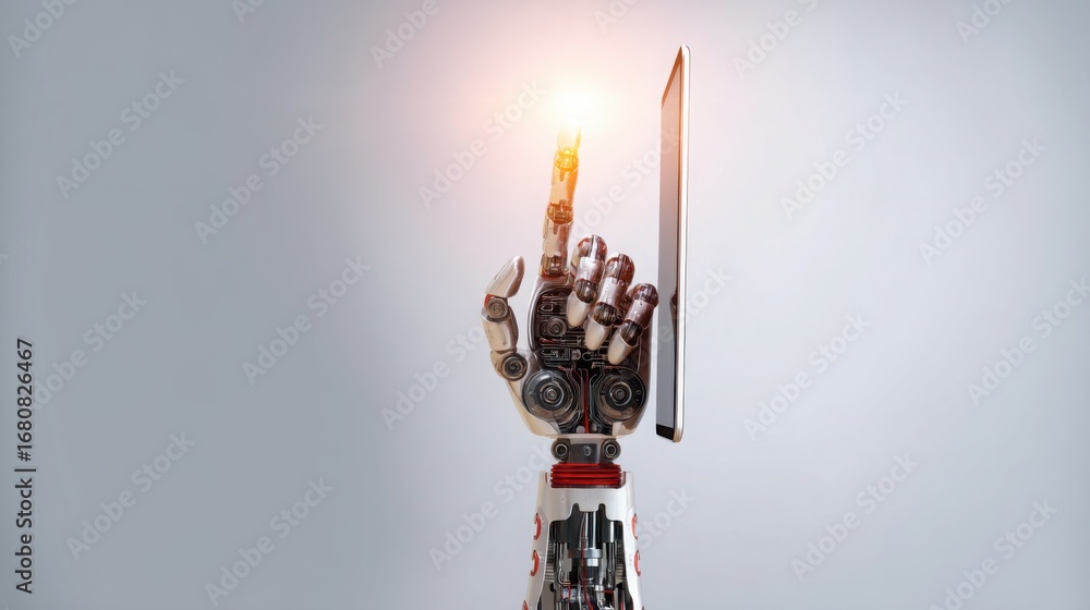 Poster robot holding a light bulb above a tablet symbolizing creative ideas and automation in a technologic