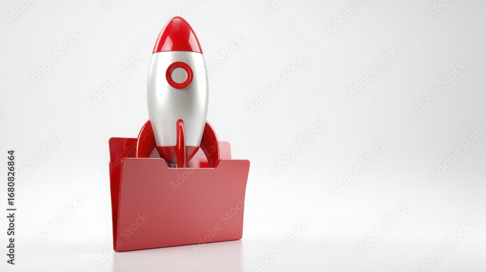 Poster bold red and white rocket icon representing launch-ready ideas and concepts in business and digital 