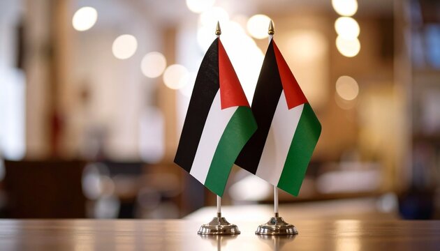 Table-top Palestinian flag on reflective surface in formal indoor setting, symbolizing diplomacy, national identity, and cultural representation.