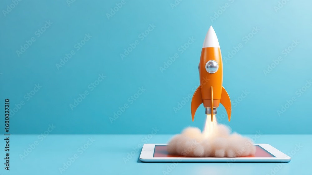 Poster a rocket launching from a tablet symbolizing the intersection of technology and innovation in mobile