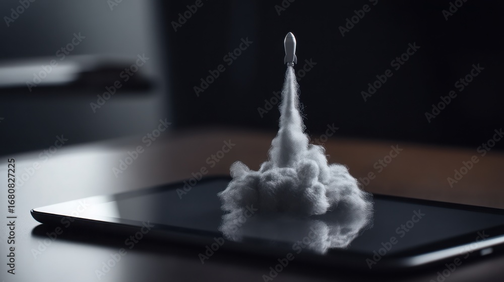 Poster a rocket resting on a tablet indicating the beginning of a journey towards innovative mobile startup