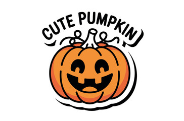 Cute Cartoon Halloween Pumpkin with Autumnal Leaves