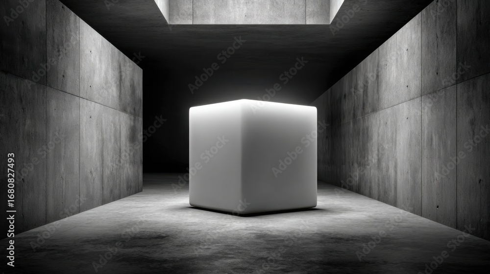 Poster white cube illuminated in a dark room representing object tracking and satellite scanning technology