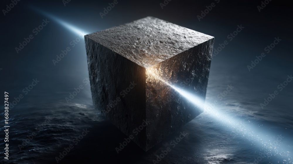 Poster Cube floating in ocean waters representing object tracking and satellite scanning technology in a natural setting