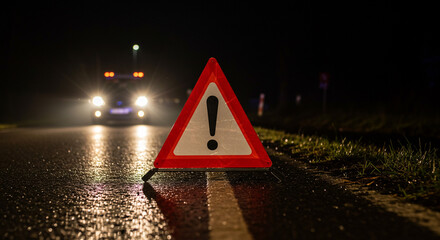 A warning triangle on a wet road at night with car headlights approaching in the background ahead light