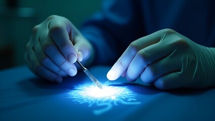Surgeon performing precise incision with scalpel under bright light  