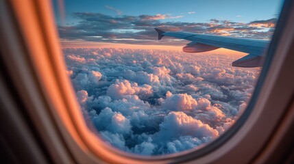 High-altitude view of a breathtaking sunset through an airplane window, showcasing a vast expanse of fluffy clouds bathed in warm, golden light.