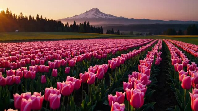 Gorgeous and Soft Sunrise Illuminating the Rows of Pink Tulips in Flower Farm with Distant Mountain