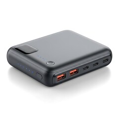 Portable power bank for charging mobile devices isolated on white background