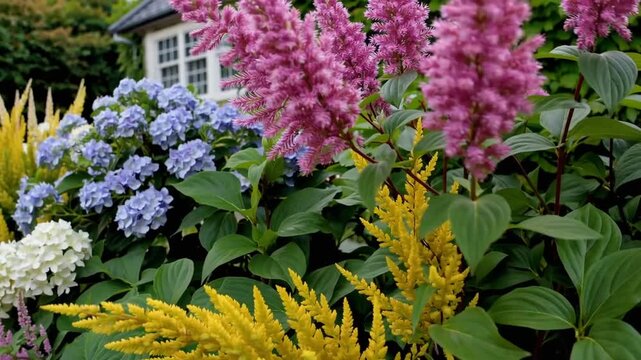 mixed border in summer garden featuring the yellow blooms of Spiraea japonica