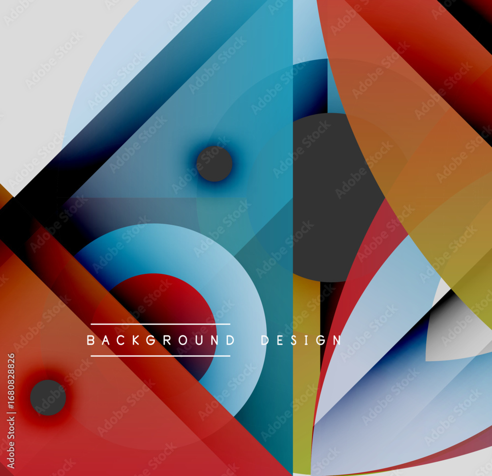 Poster abstract geometric shapes overlap. vibrant colors create dynamic composition. modern design elements