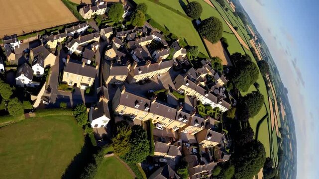 High-Altitude Perspective of Quaint Countryside Hamlet with Summer Fields