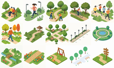 Isometric Detailed Urban Park Landscape Scene Set Environment Design