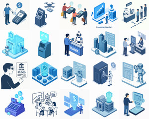 Isometric Detailed Business Banking and Finance Services Icon Collection Set