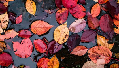 A collection of autumn leaves in red, orange, yellow, and purple floating on reflective water—evoking seasonal transition, quiet beauty, and the poetic passage of time.