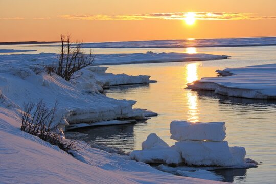 Sunrise over icy shoreline.  Snowy banks meet a body of water with large ice formations.  Warm sunset hues - Powered by Adobe