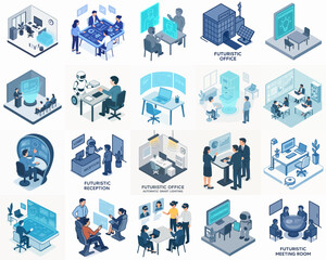 Isometric Detailed Metaverse Workspace Elements Digital Data Visualization Illustration