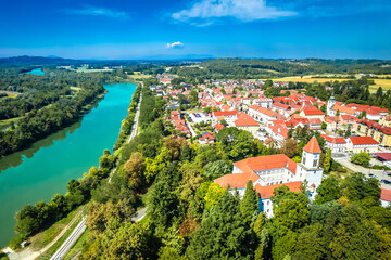 Town of Ormoz and Drava river border between Slovenia and Croatia aerial view