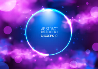 Elegant neon circle luxury horizontal background, glowing sphere light with pink purple smoke clouds, heaven abstract wallpaper for modern poster design, banner template. Not AI-generated.