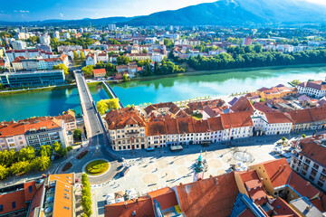 Aerial view of town of Maribor, Slovenia, showing the historic old town
