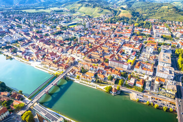 Aerial view of town of Maribor, Slovenia, showing the historic old town