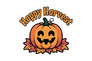 Cute Cartoon Halloween Pumpkin with Autumnal Leaves