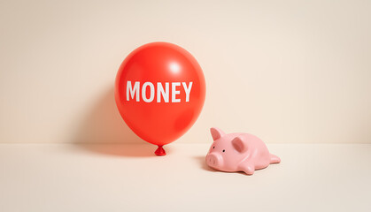 A red balloon labeled 'MONEY' beside a sleepy piggy bank, artistically representing the pressure of inflation on dormant or passive savings strategies.