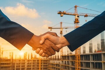 Business partnership and technology integration concept. Man and woman shaking hands with a glowing digital interface overlay, symbolizing a smart contract, successful deal, and B2B collaboration.