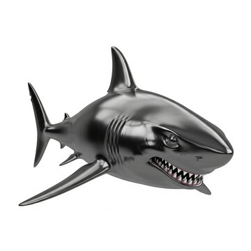 3D Render of a Shark with a Scary Face in Black Chrome Metallic Style, Isolated