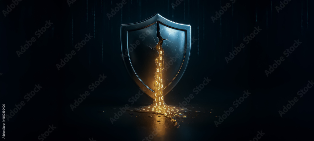 Poster metal shield with a central crack leaking glowing binary code, symbolizing a cybersecurity breach or