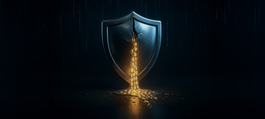 Metal shield with a central crack leaking glowing binary code, symbolizing a cybersecurity breach or digital data leak in a dark, tech-themed setting.