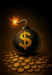 A cartoon-style black bomb with a large golden dollar sign and a burning fuse placed on a pile of coins, depicting economic instability and looming financial crisis.