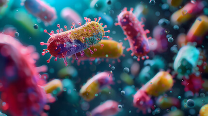 Close Up 3D Illustration of Microbes and Viruses in Bright Colors