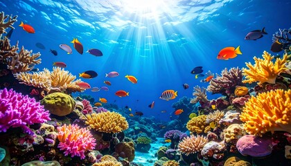 Fototapeta premium Tropical Coral Reef Ecosystem with Marine Fish and Underwater Wildlife Capturing Ocean Biodiversity in Vibrant Sea Colors