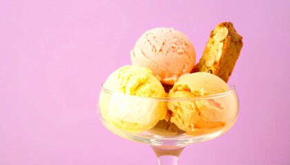 Five scoops of colorful ice cream with two chocolate chip cookies in a glass dish, set against a soft purple background&mdash;evoking indulgence, playfulness, and dessert styling charm.