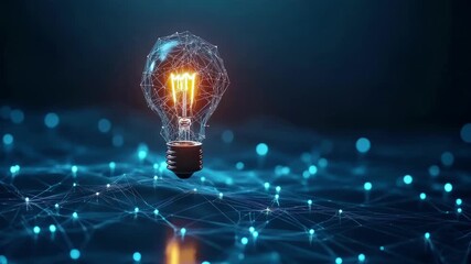 A low-angle video concept of a glowing light bulb amidst a digital network, symbolizing innovation and technology in a futuristic style. Live desktop wallpaper. - Powered by Adobe