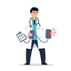 Cartoon Doctor with Defibrillator Paddles and Clipboard Wearing Stethoscope.