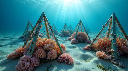 Coral reef restoration project growing corals in underwater pyramids