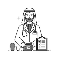 Arab Doctor in Keffiyeh with Stethoscope and Medical Equipment Black and White Illustration.