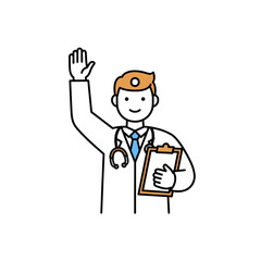 Cartoon doctor with blonde hair wearing a white coat and holding a clipboard.