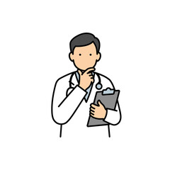 Fototapeta premium Cartoon Doctor with Clipboard and Stethoscope in Thoughtful Pose.