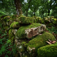 Moss-covered stone wall in a forest (1)