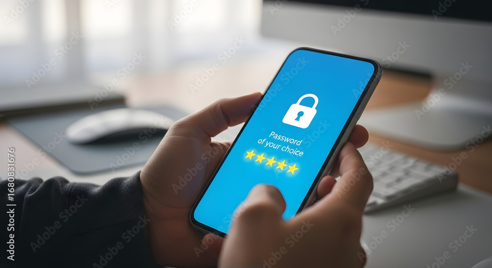 Poster close up of hands holding a smartphone displaying a digital security login screen with a padlock ico