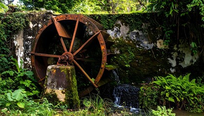 An aged water wheel nestled amidst lush greenery.  A small stream flows over the wheel