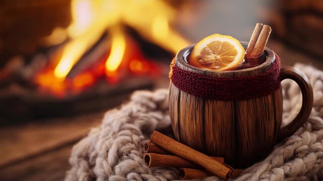 Mulled wine in a rustic wooden mug creating a cozy mood against a fireplace background