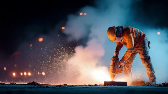 Dust particles fly as a construction worker uses a jackhammer on concrete at night.
