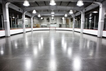 Empty indoor ice hockey rink, polished floor, high ceilings